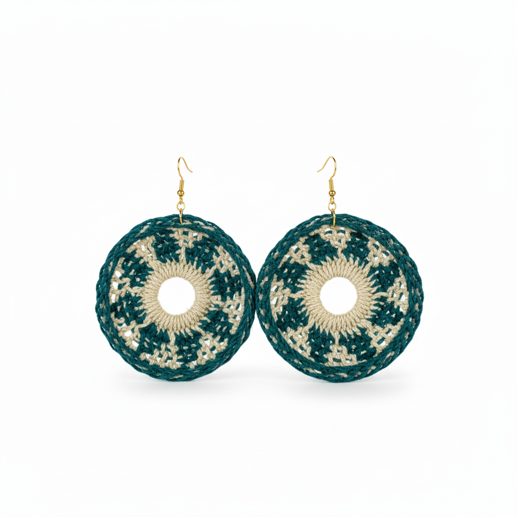 Teal & cream round earrings